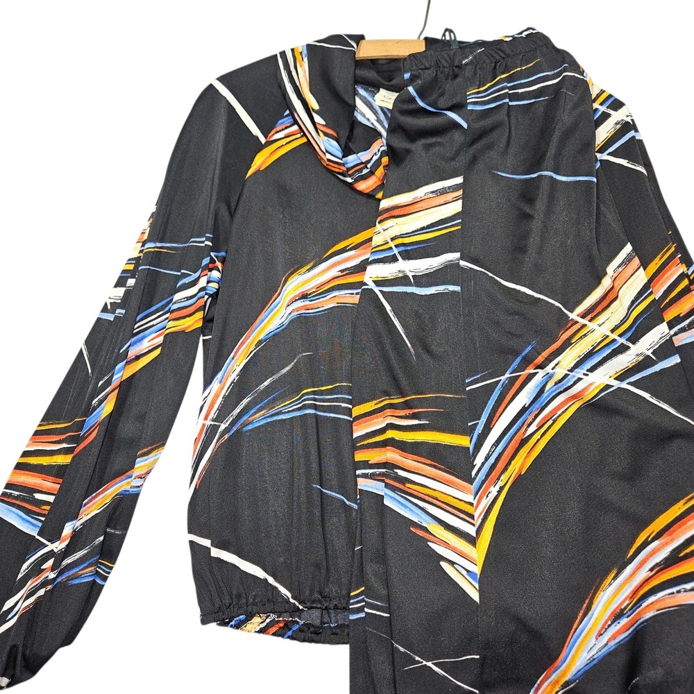 VTG Jonathan Logan 2 piece 70s Skirt Set Abstract Brushstroke Black Multi Sz L